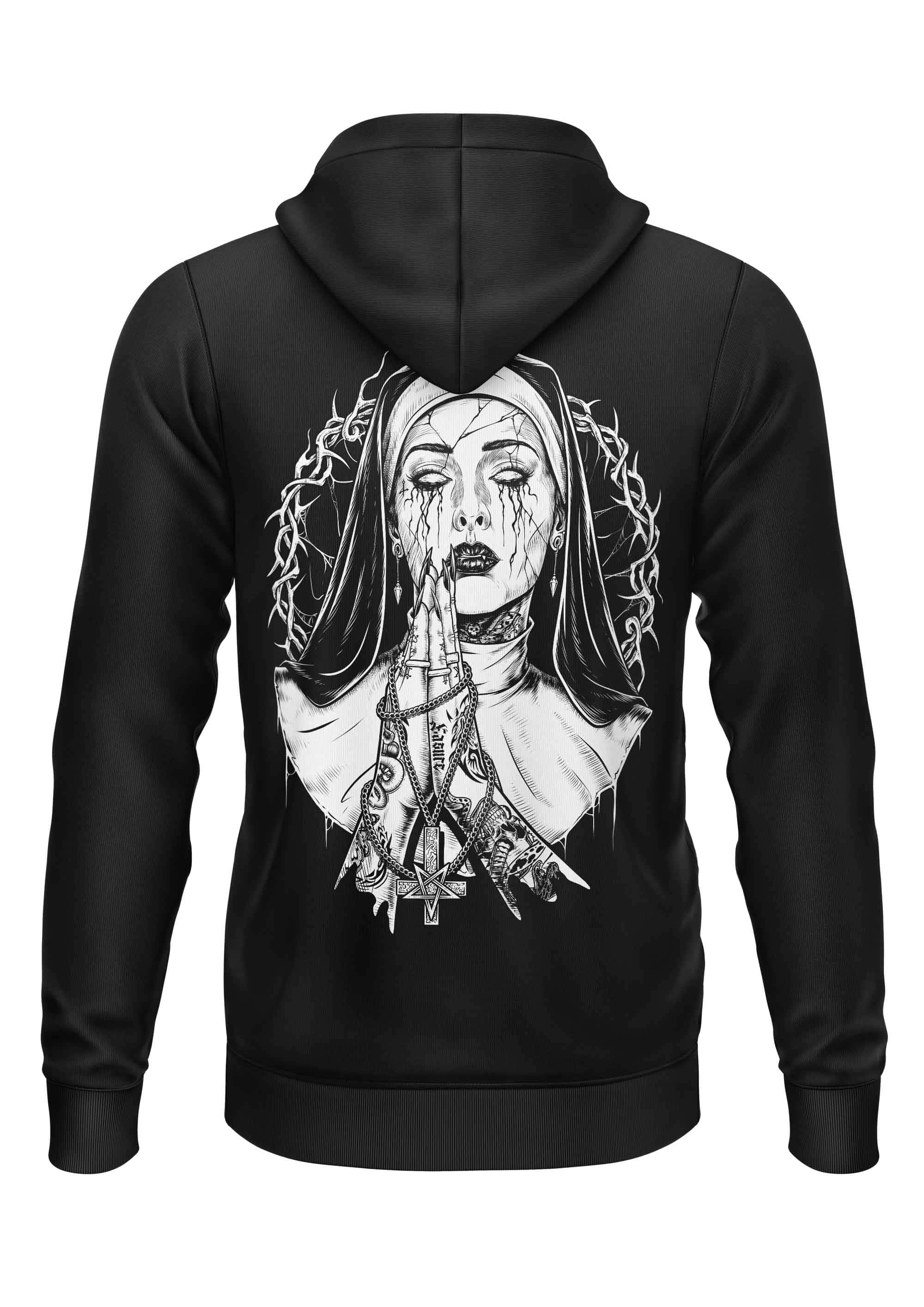 Schwarzer zip-up hoodie mit gothic horror backprint einer nonne mit dornen und blutstropfen demon nun bitte